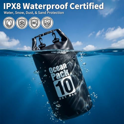 Waterproof Dry Bag 10L, Roll Top Closure Black Water Proof Backpack, Heavy Duty Hunting Backpack, Durable Floating Dry Bag for Kayaking Boating Hiking with 7" Black IPX8 Waterproof Phone Case - color: Black dry bag 10L + Phone pouch 7"