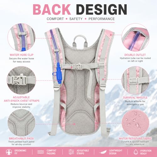 Zavothy Hydration Backpack with 2L Hydration Bladder Water Backpack for Hiking Hydration Pack for Running Cycling Hiking - color: Pink