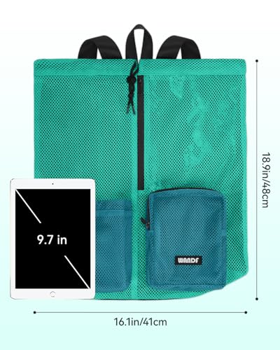 WANDF Swim Bag for Swimmers, Mesh Beach Backpack - color: Turquoise With 2 Front Pockets, size: Large