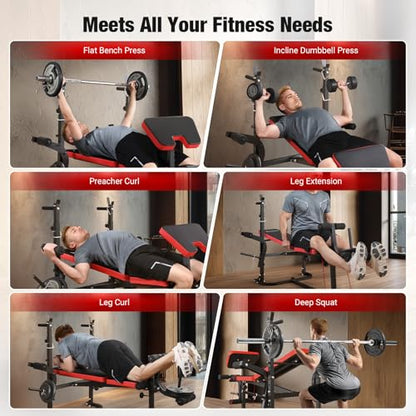 6-in-1 Foldable Weight Bench Set, 1695LBS Adjustable Workout Bench/Barbell Rack/Curl Pad, Bench Press, Leg Extension and Curl machine, Workout Fitness Equipment w/Squat Rack for Home Gym