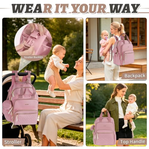 Diaper Bag Backpack, 27L Large Quilted Small Baby Bag with Changing Pad & Pacifier Case, Stroller Hooks, Easy-Access Baby Essential, Maternity Travel Backpack Unisex, Pink - color: Pink, size: Large