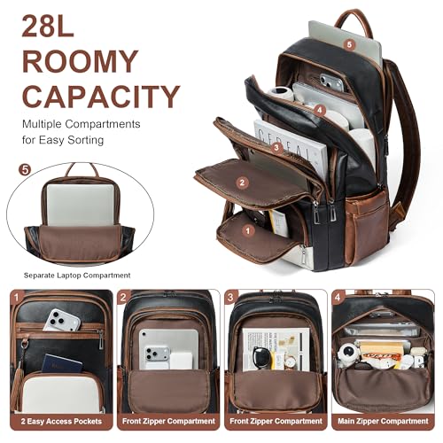 Shrrie 17 Inch Faux Leather Laptop Backpack for Women with Large Cup Holder - color: Black and Beige With Caramel Brown