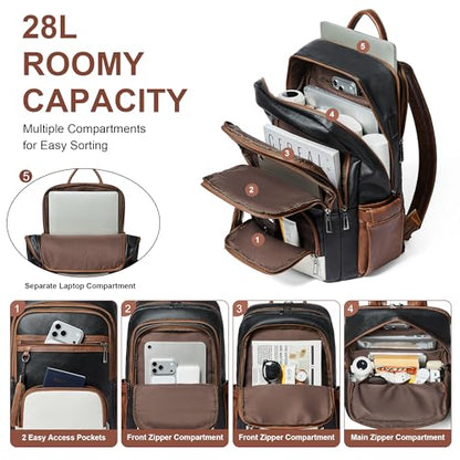 Shrrie 17 Inch Faux Leather Laptop Backpack for Women with Large Cup Holder - color: Black and Beige With Caramel Brown