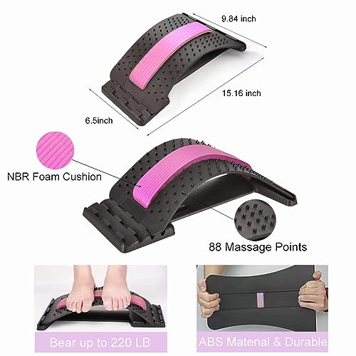 Back Stretcher for Lower Back Pain Relief, 4 Level Adjustable Lumbar Cracker Board Massager, Stretching Device for Scoliosis, Sciatica (Pink) - color: Pink