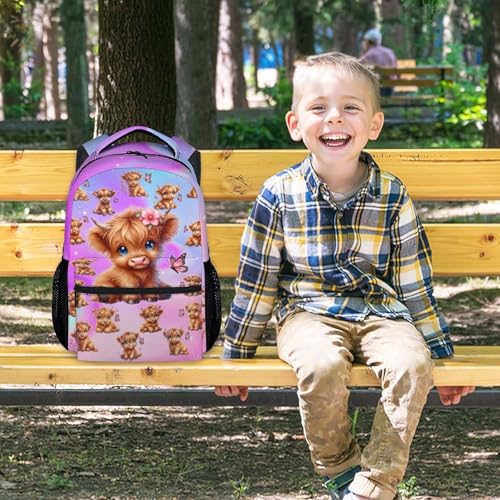Highland Cow Backpack for Girls Kids School Bookbag for Elementary Middle School, 17 Inch Polyester Cow Pattern Student Book Bag with Padded Shoulder Straps - color: Purple