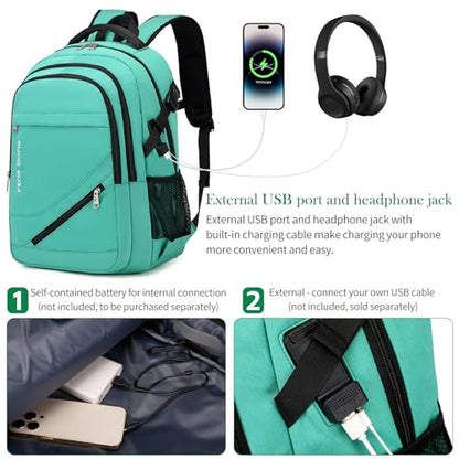 FENGDONG 17.3 inch Large Laptop Backpack Durable Waterproof Travel College Backpack Bookbag for Men & Women Business Backpack with USB Charging Port,Headset Port Light Green - color: A4-green