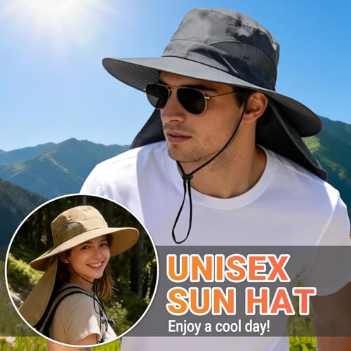 NPQQUAN Sun Hats for Men Women with Neck Flap UPF 50+ UV Protection Wide Brim Bucket Hat Safari Hiking Fishing Hats - color: Lightgrey（neck Flap）