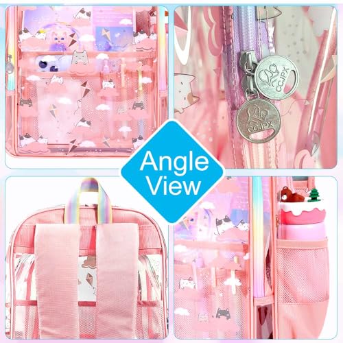 gxtvo 3PCS Girls Clear Backpack Heavy-Duty Set for Women & Teen, 17" Pink See Through Bookbag with Rainbow Strap, Cute Cloud Cat Transparent School Bag - color: Pink Cloud Cat Clear Backpack Set