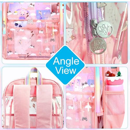 gxtvo 3PCS Girls Clear Backpack Heavy-Duty Set for Women & Teen, 17" Pink See Through Bookbag with Rainbow Strap, Cute Cloud Cat Transparent School Bag - color: Pink Cloud Cat Clear Backpack Set
