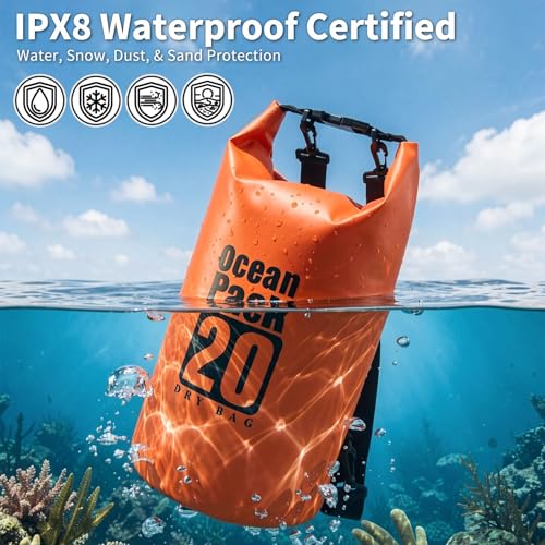 Waterproof Dry Bag, 20L Water Proof Backpack, Roll Top Closure Dry Bag Orange, Heavy Duty Floating Pouch for Kayaking Boating, Durable Hiking Backpack with IPX8 Waterproof Phone Case-Black, 7" - color: Orange dry bag 20L + Phone pouch 7"