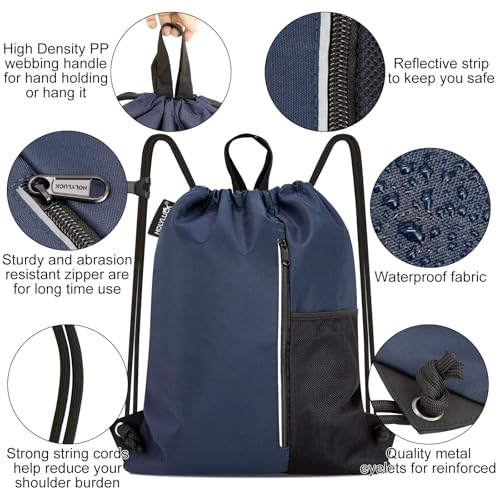 HOLYLUCK Drawstring Backpack Gym Bag For Men Women, String Beach Swim Sports Backpack - color: Navy Blue, style: Standard Drawstring