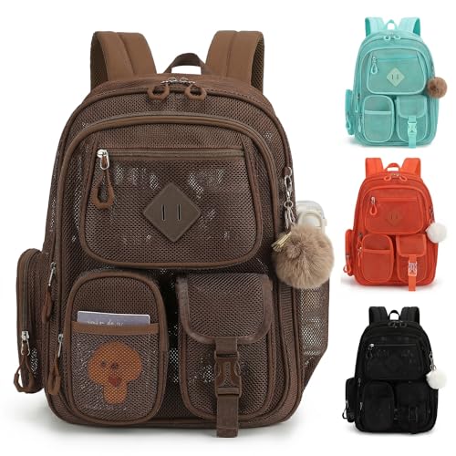Mesh Backpack Heavy Duty, Semi-Transparent Bag for Women Girls Boys Adults, Large Capacity Bookbag with Padded Straps for School Beach Swimming Sports Travel Work-Coffee - color: Coffee