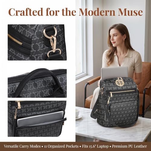 Women's Convertible Backpack Purse, Large Leather Travel Backpack 2PC Set - color: Black