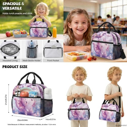 ZDCUSTOM Pink Axolotl Backpacks with Lunchbox for Girls Cute School Backpack Pink Bookbag with Pencil Case, Water Bottle Sleeves, Keychain, Back to School Supplies for Girls Age 6-8 - color: Pink Axolotl