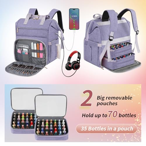 Nail Polish Organizer Case Backpack Holds 70 Bottles (15ml/0.5fl.oz) & Nail Lamp, 2 Layers Detachable Nail Kit Storage Case, Large Travel Nail Supplies Shoulder Bag for Manicure Tools (Purple) - color: Purple