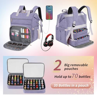 Nail Polish Organizer Case Backpack Holds 70 Bottles (15ml/0.5fl.oz) & Nail Lamp, 2 Layers Detachable Nail Kit Storage Case, Large Travel Nail Supplies Shoulder Bag for Manicure Tools (Purple) - color: Purple