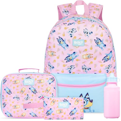 Get Trend Bluey Girls Backpack, Lunch Bag, Pencil Case, Water Bottle | 4 Piece Set, 18 inch Bookbag, Insulated Lunch Bag, Pencil Pouch & 16.9 fl oz BPA-Free Water Bottle, School, Gifts for Girls - color: Pink/Turquoise Bluey