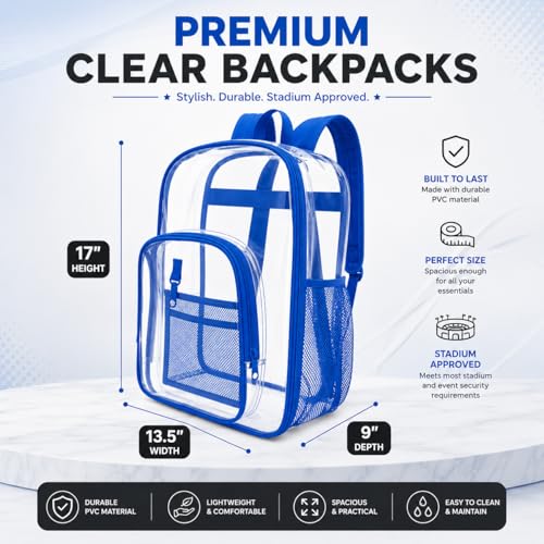 Winterlace Clear Backpack Stadium Approved Heavy Duty PVC Waterproof Transparent Backpack Travel, Concerts, Festivals, Work (Blue) - color: Blue