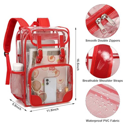 Fuyicat Clear Backpack Heavy Duty PVC Transparent Girls Kids School Backpacks Stadium Approved See Through College Bookbag for Women (Red) - color: Red