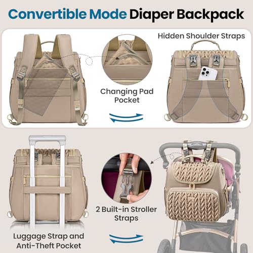 Tealari 4 in 1 Convertible Diaper Bag Backpack,Waterproof Baby Diaper Bag with Changing Pad,Converts into Baby Tote Bag,Diaper Backpack,Stroller Bag and Crossbody Diaper Bag - color: Khaki