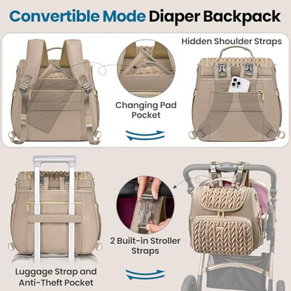 Tealari 4 in 1 Convertible Diaper Bag Backpack,Waterproof Baby Diaper Bag with Changing Pad,Converts into Baby Tote Bag,Diaper Backpack,Stroller Bag and Crossbody Diaper Bag - color: Khaki