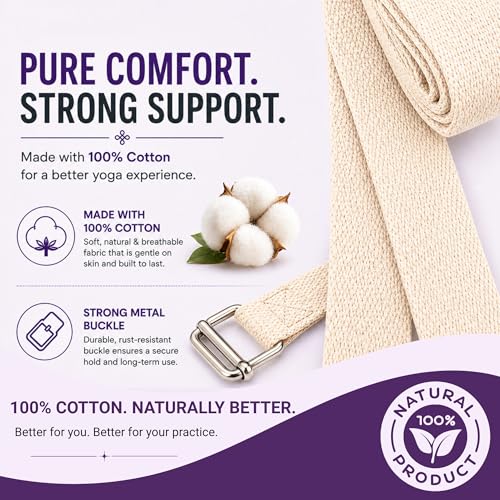 Yogikuti Premium Cotton Yoga Strap | Adjustable Yoga Belt for Stretching, Flexibility, Balance & Alignment | Yoga Accessories for Beginners, Pilates, Meditation, Exercise, Fitness & Physical Therapy - size: 7Ft(2mtr)