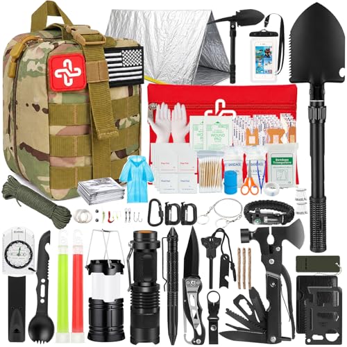 Survival Kit, 250Pcs Survival Gear First Aid Kit with Molle System Compatible Bag and Emergency Tent, Emergency Kit for Earthquake, Outdoor Adventure, Hiking, Hunting, Gifts for Men Women - color: B-Camo-Brown