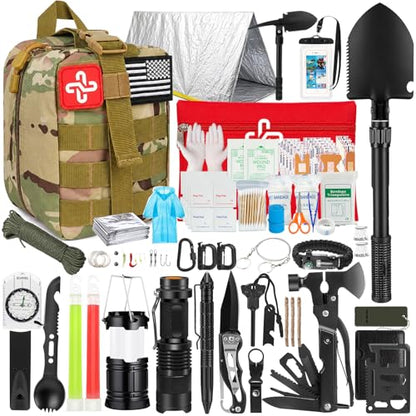 Survival Kit, 250Pcs Survival Gear First Aid Kit with Molle System Compatible Bag and Emergency Tent, Emergency Kit for Earthquake, Outdoor Adventure, Hiking, Hunting, Gifts for Men Women - color: B-Camo-Brown