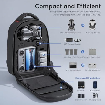 STARTRC Mini 5 Pro Case,Waterproof Hard Carrying Backpack, Large Drone Bag Fits 11 Inch Laptop, Travel Backpack Compatible with DJI Mini 5 Pro, RC 2/ RC-N Controller, Fly More Combo and Accessories