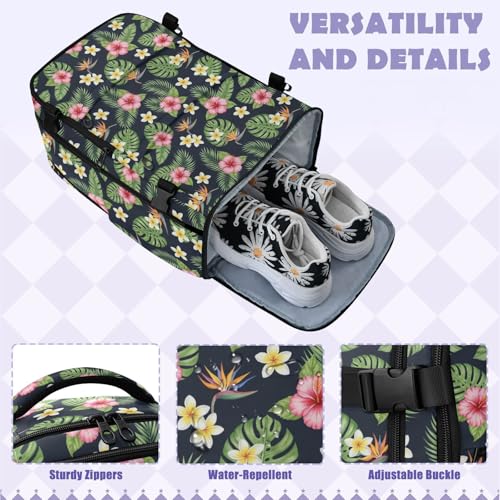 Travel Backpack with Shoe Compartment, 20L Large Capacity Laptop Backpack for Men Women, Tropical Flowers Leaves Daypack for Traveling Hiking Carry On