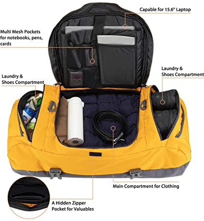 Ubon Large Duffel Bag Weekender Bags with Shoe Compartments 4-Way Sports Gym Backpack with Padded Straps Camping Traveling Duffle Bag - color: Yellow, size: 55L
