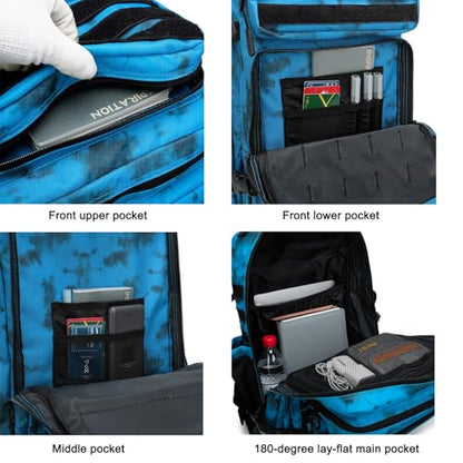 45L Military Tactical Backpack for Men & Women Bug Out Bag Assault pack Molle Daypack Hiking Trekking Rucksack (2.0 side pockets （blue tie dye）) - color: 2.0 Side Pockets （blue Tie Dye）