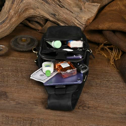 Le'aokuu Men Fashion Casual Tea Designer Travel Hiking Crossbody Chest Sling Bag Rig One Shoulder Strap Bag Men Leather 8015 | Fashion - color: X Dark Black