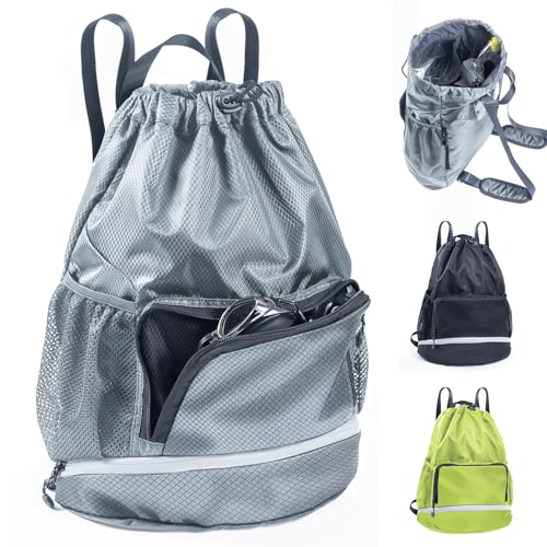 Swim Beach Sports Drawstring Backpack - Gym Bag with Shoes Compartment and Waterproof Pocket for Gym Accessories, Swim Essentials - Kids Mens Beach Workout Bag - color: Gray, style: Style B