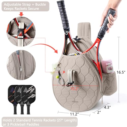 Quilted Tennis Bag for Women – Tennis Backpack & Crossbody Sling | Holds 2 Rackets or 3 Pickleball Paddles | Lightweight Badminton Racket Bag, Tennis Tote & Sports Backpack - color: Sand Beige