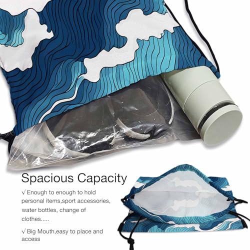 Drawstring Bag Blue Sea Wave Waterproof Basketball Bag Abstract Lines Classic Beautiful Texture Stroage Shoes Ball - color: Blue Sea Wave