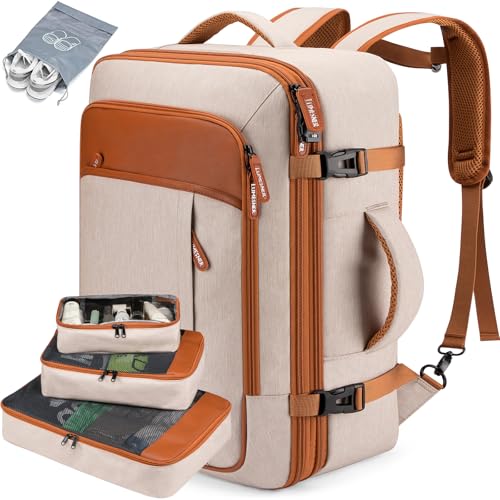 Lumesner Carry on Travel Backpacks, Extra Large 40L Flight Approved Bag for Men & Women,Expandable Suitcase Backpack With 4 Packing Cubes,Water Resistant Luggage Daypack Business Weekender Bag, Beige - color: Beige
