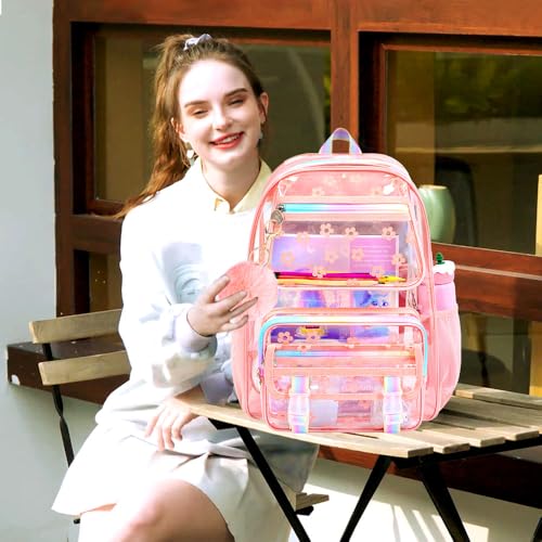 KLFVB Clear School Backpack Heavy Duty, 3PCS Girls See Through Bag Set, Cute Transparent Bookbag for Women - Plum Blossom Pink - color: Plum Blossom Pink Clear Backpack