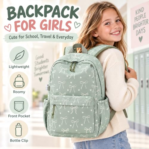LOIDOU Girls Backpack for Kids Cute School Bookbag - color: Sage Green, size: L-17"