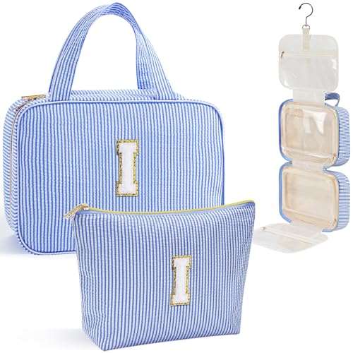 YOOLIFE Travel Toiletry Bag for Women - Hanging Toiletry Bag Initial Makeup Bag, Portable Toiletries Cosmetic Bag, Airplane Travel Essentials - Letter I, Blue - color: Blue, style: I