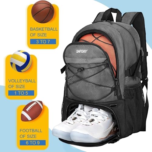 DAFISKY Basketball Backpack Sports Bag | Basketball Bag with Shoe Compartment and Ball Holder, 30L Large gym bag for boys girls - color: Grey