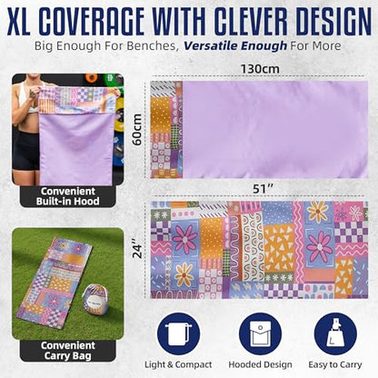 CHEEKY WINX Hooded Microfiber Gym Towel – Highly Absorbent Car Seat Towel with Carry Bag – Double-Sided Sweat Towel, Reversible, Quick Dry & Sand-Resistant Fabric, Patchwork, 130 x 60cm - color: Patchwork