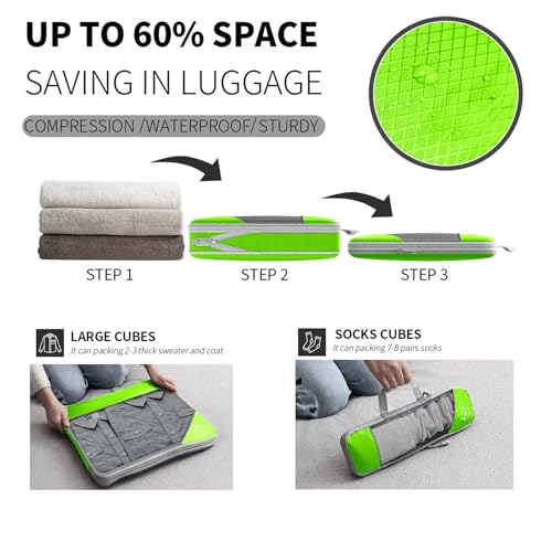 9-Set Packing Cubes with Hanging Bag | 9-Size Combination, Mesh Fabric & Reflective Stripe | Travel Luggage Organizers (Green) - color: Green