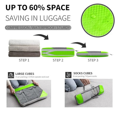 9-Set Packing Cubes with Hanging Bag | 9-Size Combination, Mesh Fabric & Reflective Stripe | Travel Luggage Organizers (Green) - color: Green