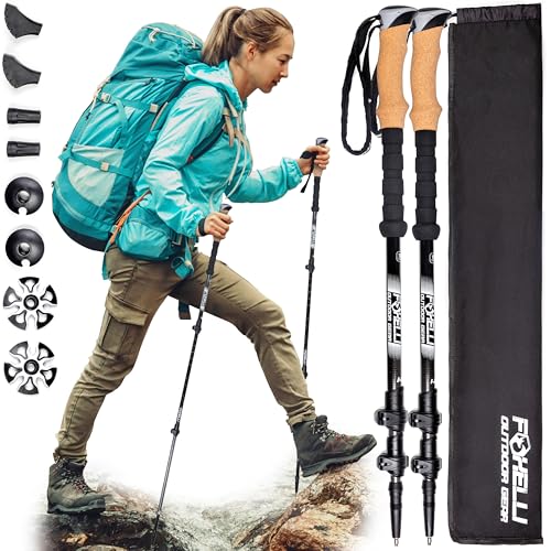 Foxelli Carbon Fiber Trekking Poles – Lightweight Collapsible Hiking Poles with Cork Grips, Quick Flip Locks & All-Terrain Accessories – Adjustable Height Hiking Sticks for Men & Women - color: Black