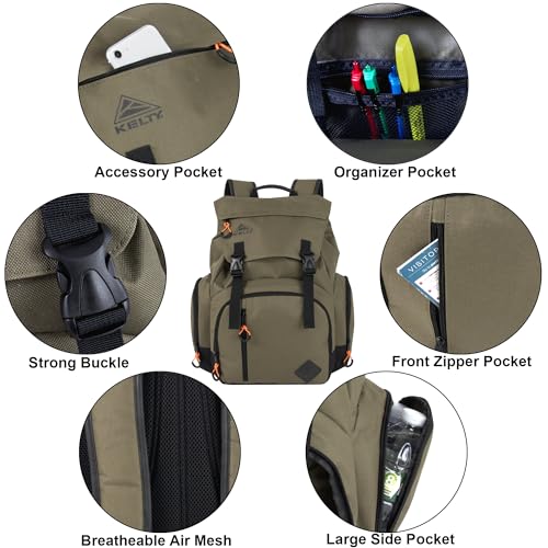 Kelty Hiking Backpacks 23 L Canvas Travel Laptop Backpack for Men Women, 18" Business Work Rucksack College Computer Bag (Olive Travel Pack)