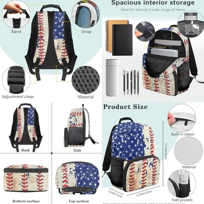 3PCS Backpack for Boys Girls Teens, USA Flag Baseball 3 in 1 Lightweight School Bag 17 Inch School Backpack with Lunch Box Pencil Case for Middle High Students - color: Usa Flag Baseball