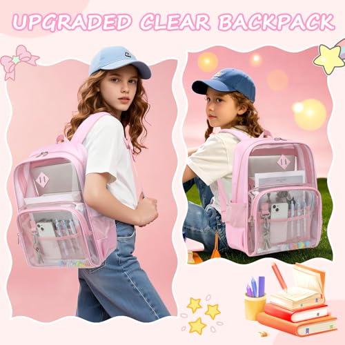 MUSEVOS Clear Backpack, Heavy Duty Bookbag for School, 2-in-1 Design Transparent PVC & Oxford Fabric, for Girls and Women. Pink - color: Pink