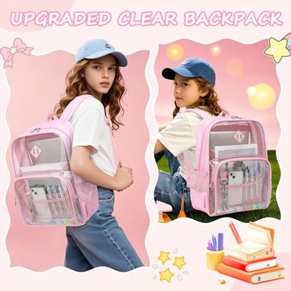 MUSEVOS Clear Backpack, Heavy Duty Bookbag for School, 2-in-1 Design Transparent PVC & Oxford Fabric, for Girls and Women. Pink - color: Pink