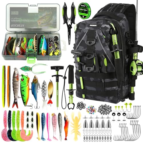 Fishing Backpack with Tackle Boxes,Fishing Lure Kit and Tool | Waterproof Fishing Tackle Bag With Rod Holder, Sling Backpack wtih Fishing Gear, Fishing Gifts for Men Woman Anglers - color: Camouflage Fishing Backpack Set